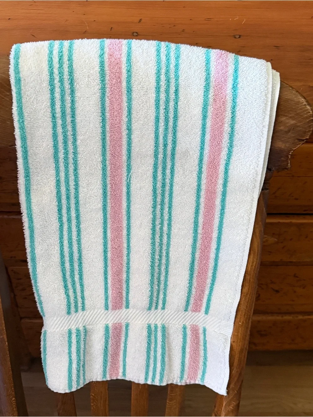 Vintage Pastel Pink and Teal Striped Bath Towel 24x42